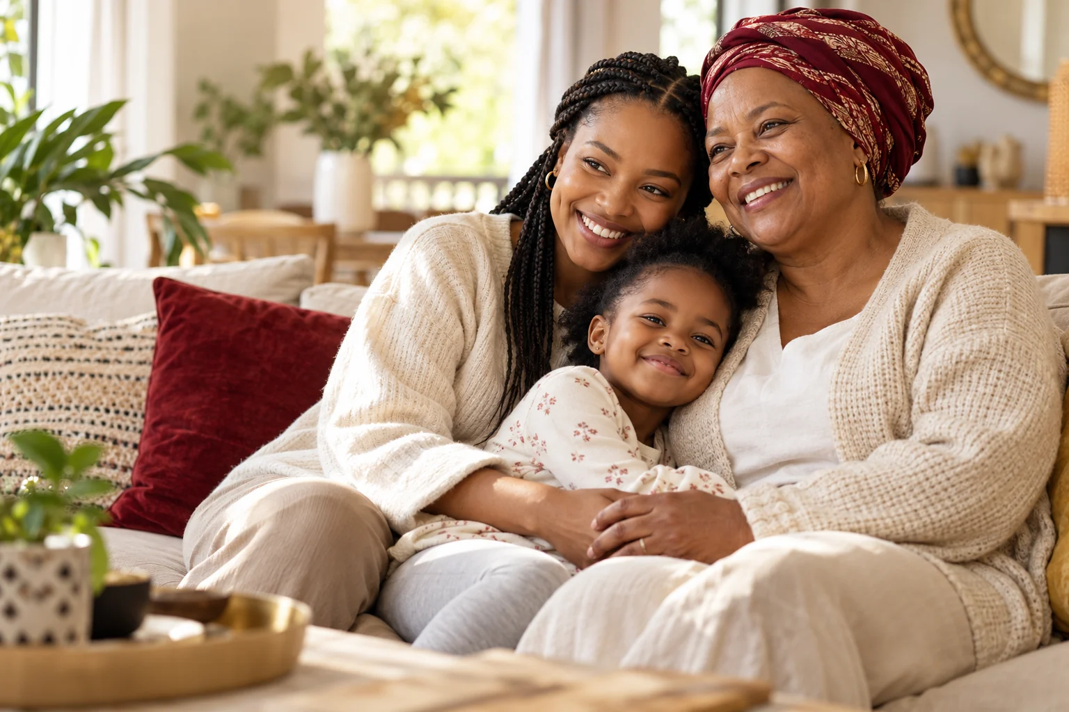 Three generations of a South African family sharing a warm moment at home