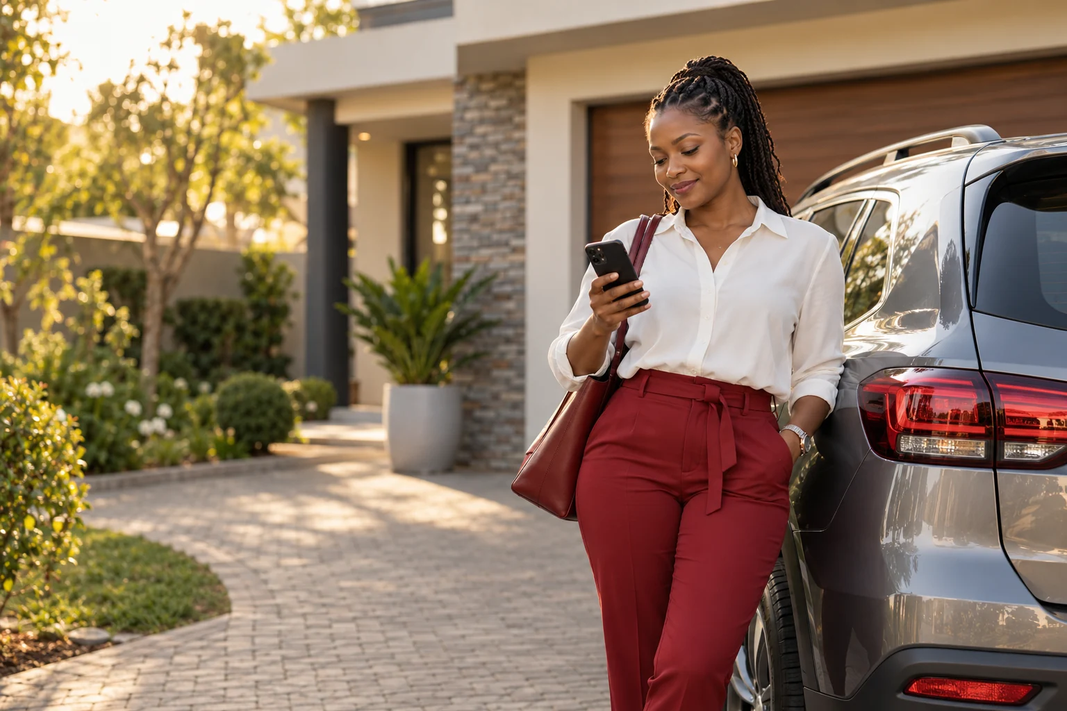 A woman checking her phone beside her car at home