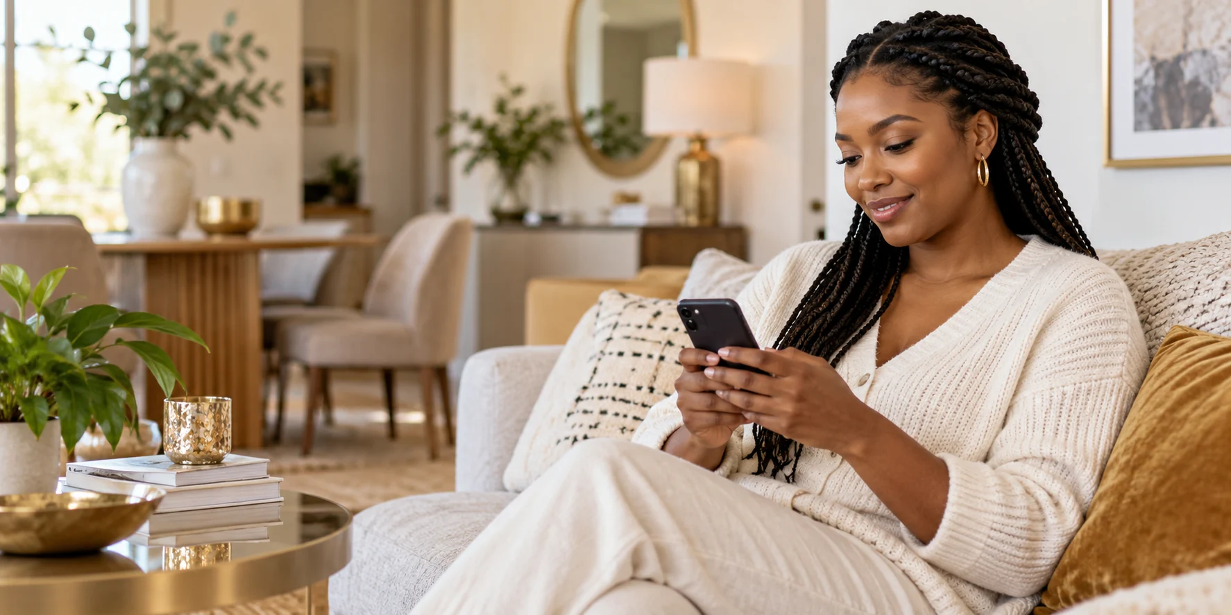 A woman relaxing at home while using her phone
